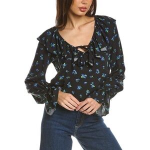 NWT WeWoreWhat Floral Print Ruffle Watercolor Ditsy Blouse in Black Multi